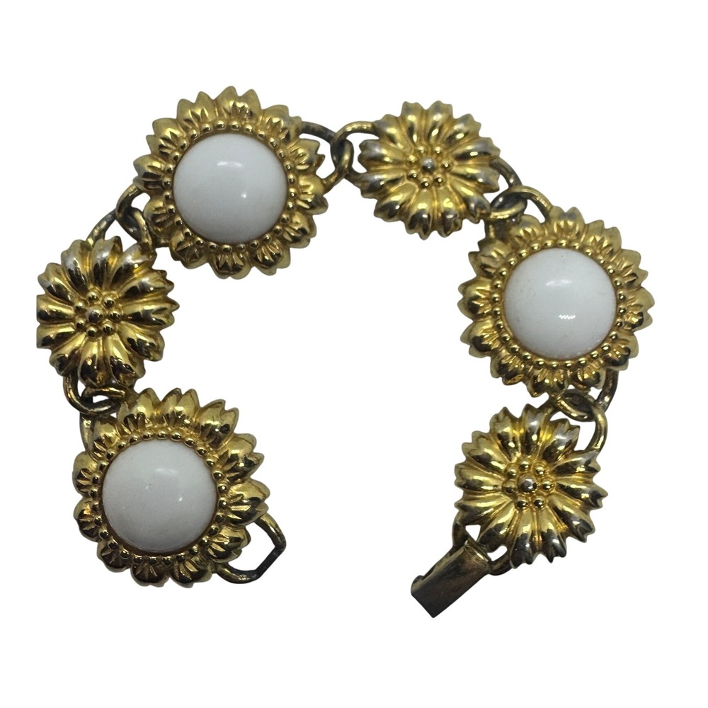 Vintage Crown Trifari Gold Tone White Cabochon Sunflower Link Bracelet RARE